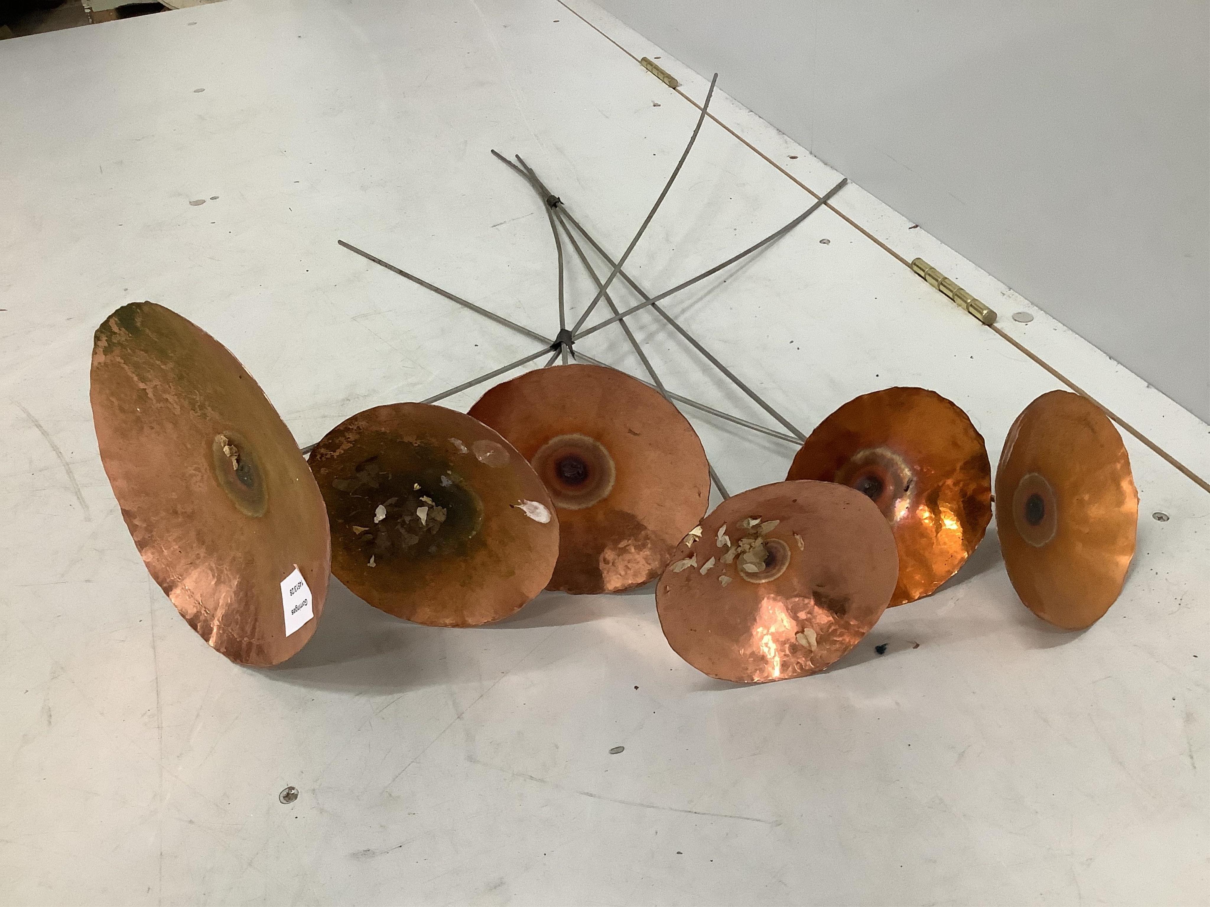 Six copper and steel garden candle holders. Condition - fair